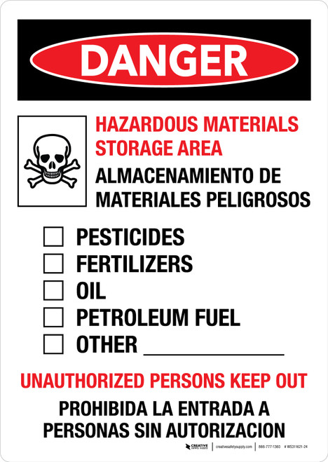 Danger: Hazardous Materials Storage Area Portrait - Wall Sign