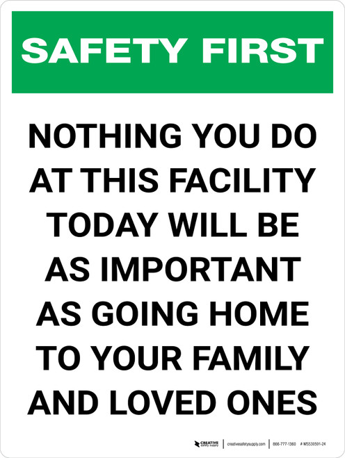 Safety First: Nothing You Do Today Will Be As Important As Going Home To Your Family Portrait - Wall Sign