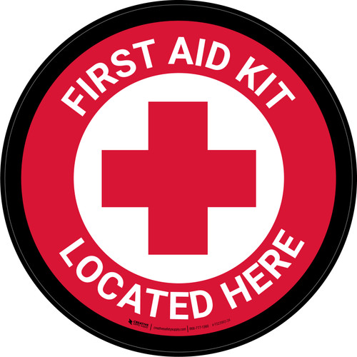 First Aid Kit Located Here Red with Icon Circular - Floor Sign
