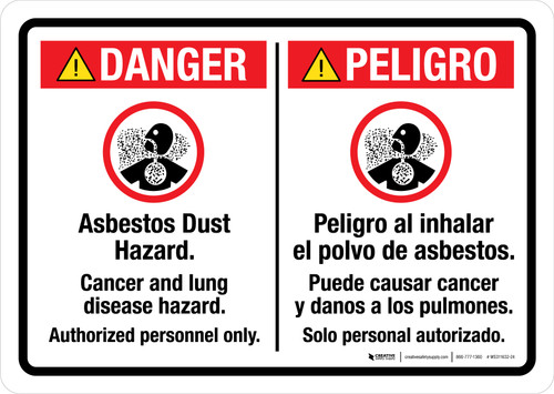 Danger: Asbestos Dust Hazard Cancer And Lung Disease Hazard with Icon Bilingual Landscape - Wall Sign