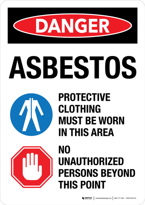Danger: Asbestos - Protective Clothing Must Be Worn In This Area No Unauthorized Persons Beyond This Point Portrait - Wall Sign