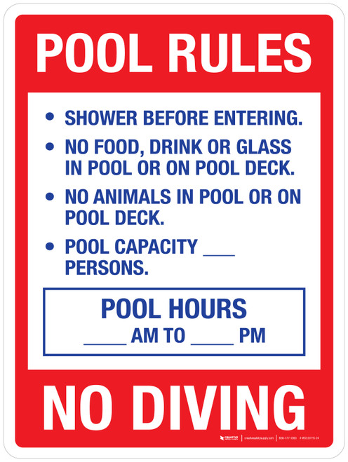 Pool Rules - Pool Hours - No Diving Red Portrait - Wall Sign