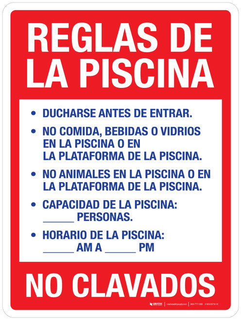 Pool Rules - Pool Hours - No Diving Red Spanish Portrait - Wall Sign