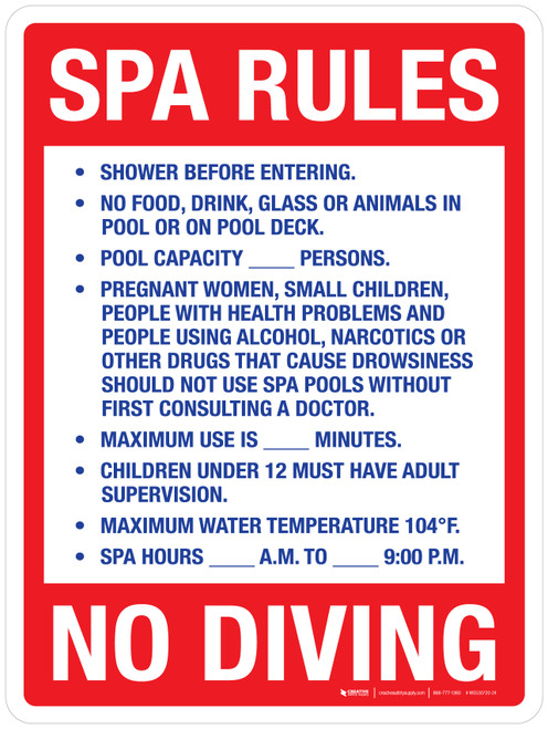 SPA Rules - Spa Hours - No Diving Red Portrait - Wall Sign