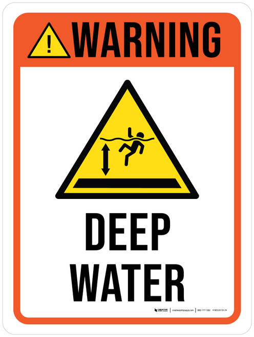 Warning: Deep Water with Hazard Triangle Portrait - Wall Sign