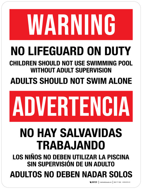 Warning: No Lifeguard On Duty - Children Should Not Use Swimming Pool Without Adult Supervision Spanish Bilingual Portrait - Wall Sign