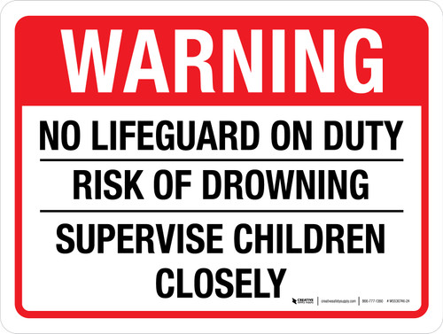 Warning: No Lifeguard On Duty - Risk Of Drowning - Supervise Children Closely Landscape - Wall Sign