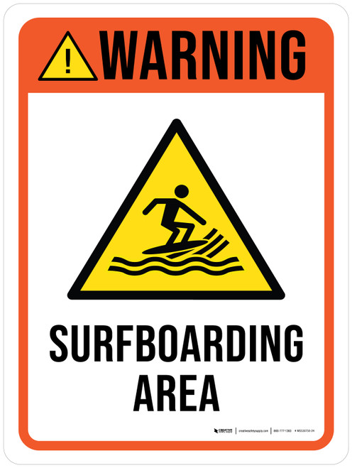 Warning: Surfboarding Area with Hazard Icon Portrait - Wall Sign
