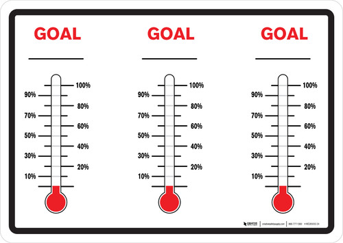 Three Goal Fill-In Thermometer Percentages Landscape - Dry Erase Wall Sign