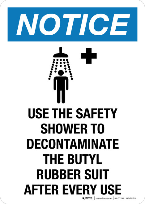 Notice: Use The Safety Shower To Decontaminate The Butyl Rubber Suit After Every Use Portrait - Wall Sign