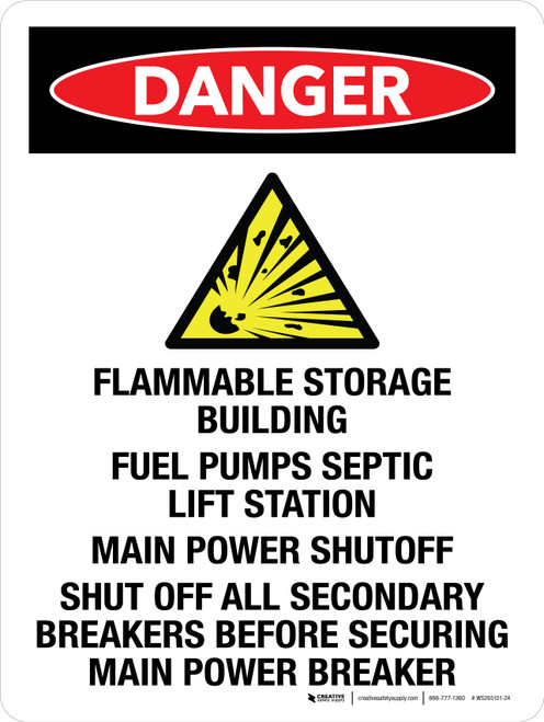 Danger: Flammable Storage Building Fuel Pumps Septic Lift Station Portrait - Wall Sign