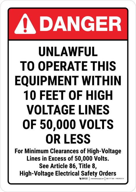 Danger: Unlawful To Operate This Equipment Within 10 Feet Of High Voltage Lines - See Article 86 Title 8 ANSI Portrait - Wall Sign