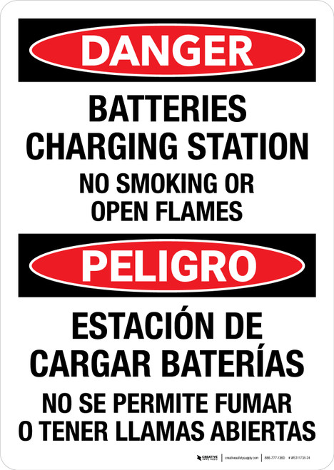 Danger: Batteries Charging Station No Smoking Or Open Flames Bilingual Portrait - Wall Sign