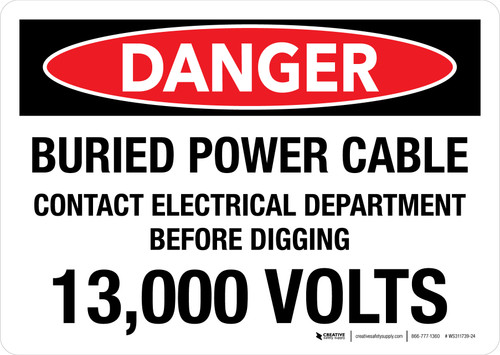 Danger: Buried Power Cable Contact Electrical Department Before Digging 13000 Volts Landscape - Wall Sign
