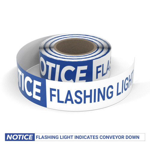 Notice: Flashing Light Indicates Conveyor Down - Smart Stripe Inline Printed Floor Tape