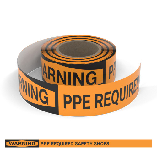 Warning: PPE Required Safety Shoes - Smart Stripe Inline Printed Floor Tape