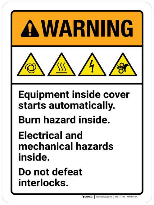 Warning: Equipment Inside Cover Starts Automatically Burn Hazard Inside Electrical And Mechanical Hazards Portrait - Wall Sign