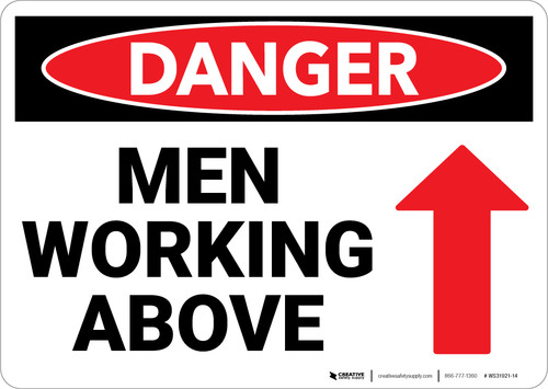 Danger: Men Working Above Sign With Arrow - Wall Sign