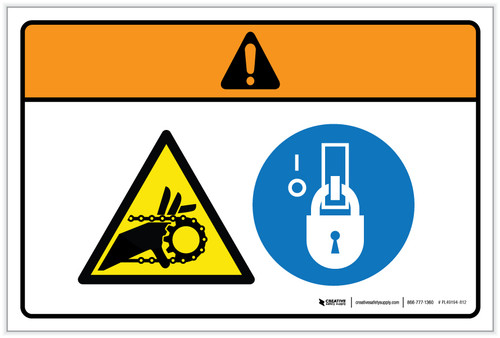 Warning: Hand Entanglement Hazard Chain Drive Lockout Tagout (Wordless ISO/ANSI) - Label