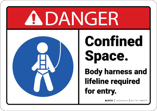 Danger: Confined Space Body Harness And Lifeline Required with Icon ANSI - Wall Sign Danger: Confined Space Body Harness And Lifeline Required with Icon ANSI - Wall Sign