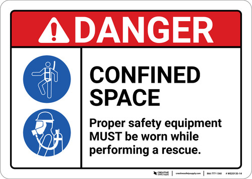 Danger: Confined Space Proper Safety Equipment Must Be Worn ANSI - Wall Sign