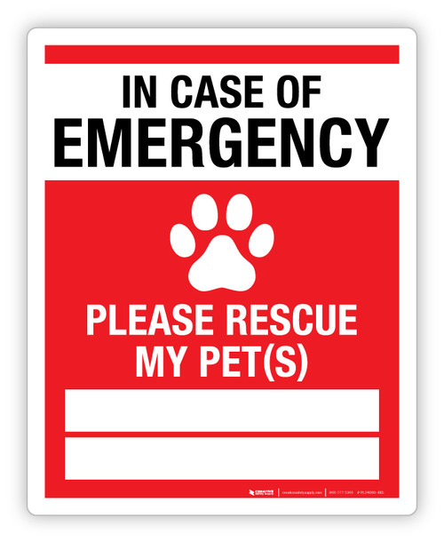 In Case of Emergency Please Rescue My Pet(s) - Label