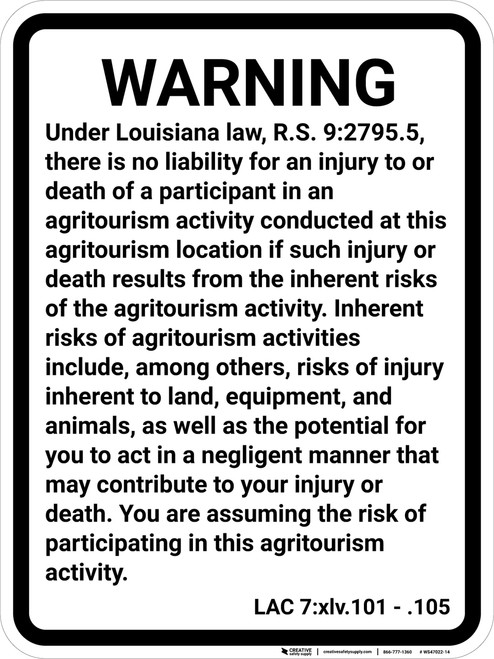 Louisiana Agritourism Liability LA - Wall Sign