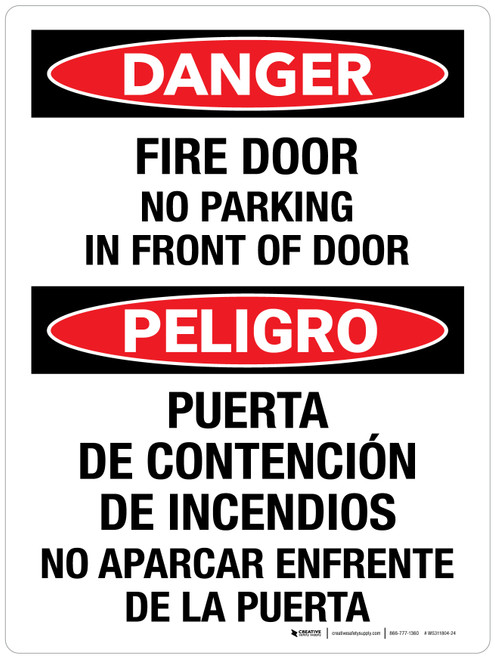 Danger: Fire Door No Parking In Front Door Bilingual Portrait - Wall Sign