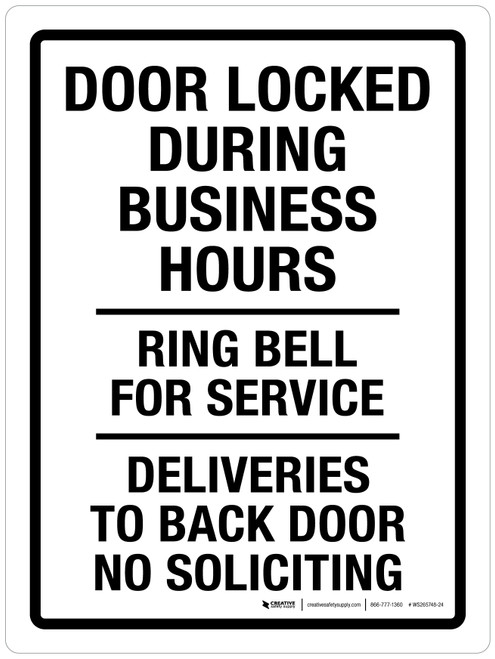 Door Locked During Business Hours - Ring Bell For Service Portrait - Wall Sign