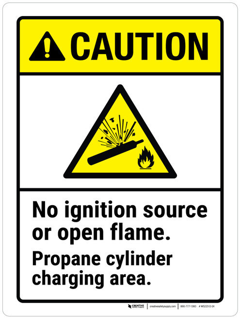 Caution: No Ignition Source Or Open Flame Propane Cylinder Charging Area ANSI Portrait - Wall Sign