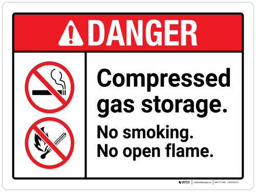 Danger: Compressed Gas Storage No Smoking No Open Flame ANSI Landscape - Wall Sign