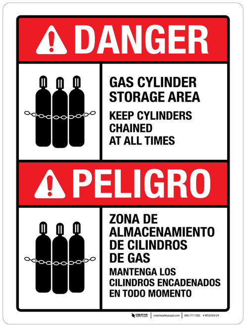 Danger: Gas Cylinder Storage Area Hazards Bilingual ANSI Portrait - Wall Sign