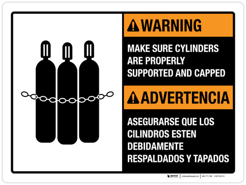 Warning: Make Sure Cylinders Are Properly Supported And Capped Bilingual ANSI Landscape - Wall Sign
