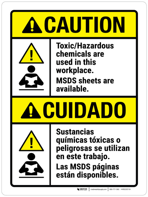 Caution: Toxic Hazardous Chemicals Are Used In This Workplace Portrait - MSDS Available Bilingual ANSI - Wall Sign