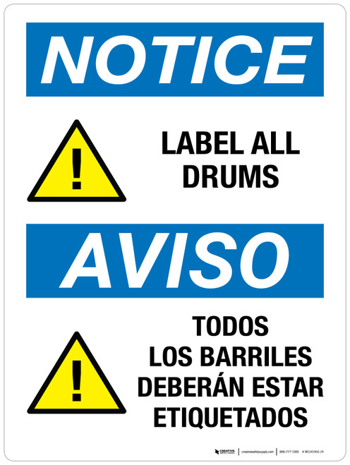 Notice: Label All Drums Bilingual Portrait - Wall Sign
