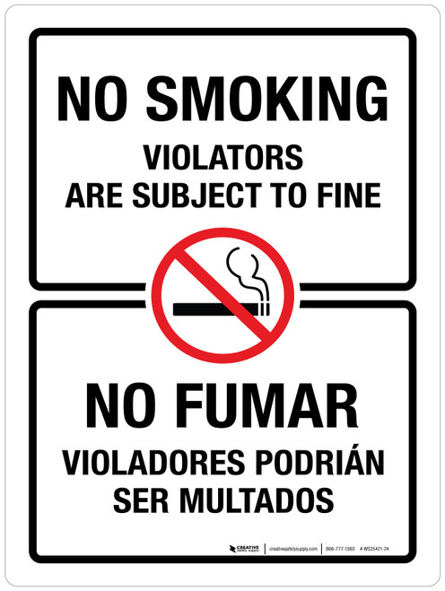 No Smoking Violators Are Subject To Fine Bilingual Portrait - Wall Sign