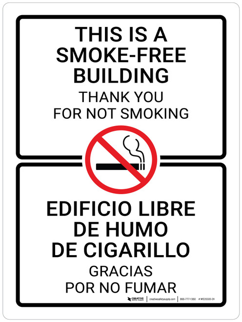 This Is A Smoke-Free Building - Thank You For Not Smoking Bilingual Portrait - Wall Sign