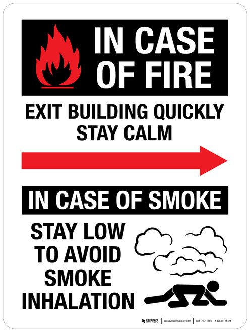 In Case Of Fire Exit Building Quickly Stay Calm Right Arrow Portrait - Wall Sign