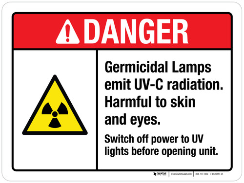 Danger: Germicidal Lamps Emit UV-C Radiation Harmful To Skin And Eyes ANSI Landscape - Wall Sign