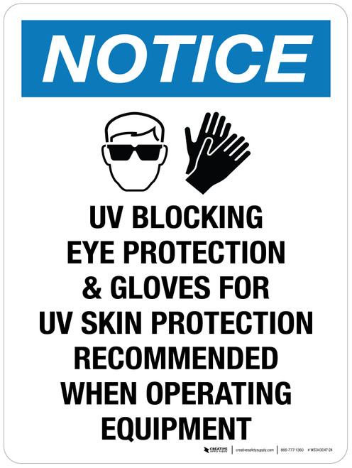 Notice: UV Blocking Eye Protection & Gloves For UV Skin Protection Recommended Portrait - Wall Sign