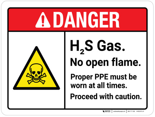 Danger: H2S Gas No Open Flame Proper PPE Must Be Worn At All Times ANSI Landscape - Wall Sign
