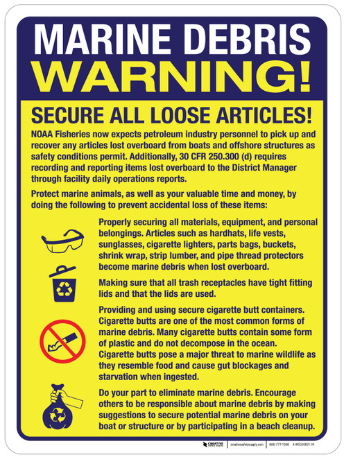 Marine Debris Warning! Secure All Loose Articles Portrait - Wall Sign