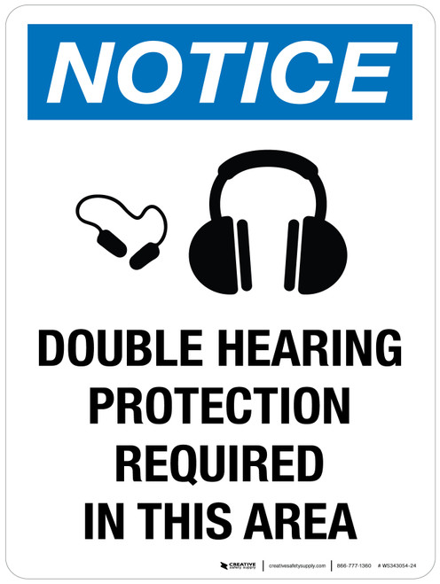 Notice: Double Hearing Protection Required In This Area Portrait - Wall Sign