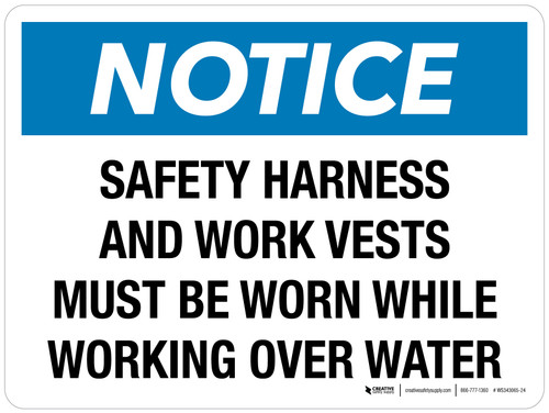 Notice: Safety Harness And Work Vests Must Be Worn While Working Over Water Landscape - Wall Sign