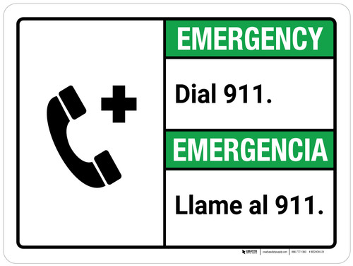 Emergency: Dial 911 Spanish ANSI Landscape - Wall Sign