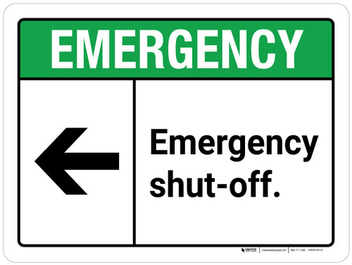 Emergency: Emergency Shut-Off with Left Arrow ANSI Landscape - Wall Sign