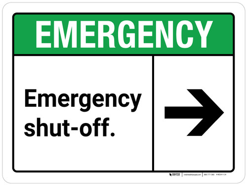 Emergency: Emergency Shut-Off with Right Arrow ANSI Landscape - Wall Sign