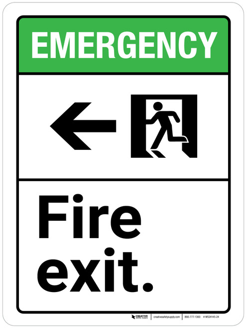 Emergency: Fire Exit with Left Arrow ANSI Portrait - Wall Sign