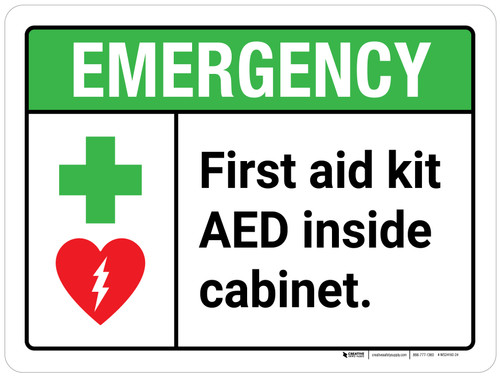 Emergency: First Aid Kit AED Inside Cabinet ANSI Landscape - Wall Sign