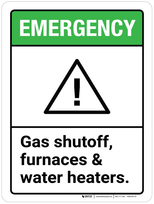 Emergency: Gas Shutoff Furnaces & Water Heaters ANSI Portrait - Wall Sign